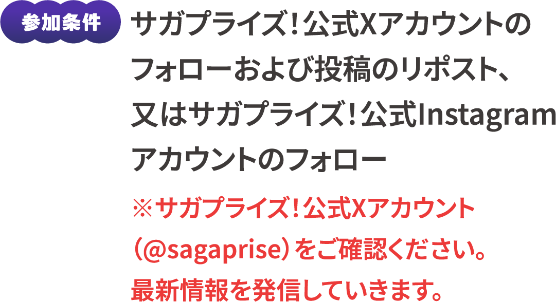 参加条件：サガプライズ！公式Xアカウントのフォローおよび投稿のリポスト、又はサガプライズ！公式Instagramアカウントのフォロー　※サガプライズ！公式Xアカウント（@sagaprise）をご確認ください。最新情報を発信していきます。